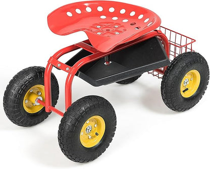 Goplus Garden Seat with Wheels, Rolling Garden Cart with Adjustable 360° Swivel Seat, Tool Tray, Basket for Lawn, Yard, Patio, Heavy Duty Gardening Stool, Outdoor Wagon Scooter for Seniors