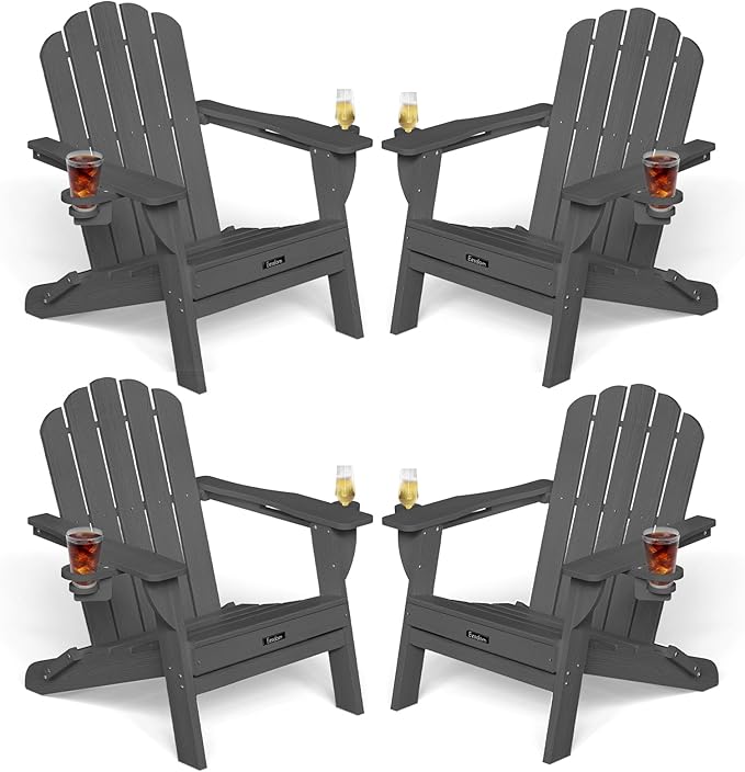 Adirondack Chairs Set of 4, Foldable Adirondack Chairs with 2 Cup Holder, Wood Texture HDPE Fire Pit Chairs, Outdoor Lawn Chair for Patio Garden, Dark Grey