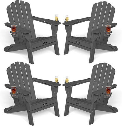 Adirondack Chairs Set of 4, Foldable Adirondack Chairs with 2 Cup Holder, Wood Texture HDPE Fire Pit Chairs, Outdoor Lawn Chair for Patio Garden, Dark Grey