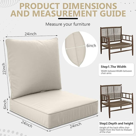 24" x 24" x 6" Outdoor Deep Seat Cushions Set - 2 Set Waterproof & Fade Resistant Patio Furniture Replacement Cushions, Non-Slip Outdoor Cushions Fit Loveseats, Couches, Chairs, and Sofas.