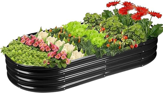 Rakukiri Raised Garden Bed GRS Certified Galvanized Planter Box Outdoor, 6.5ft Oval Rot-Resistant Metal Garden Bed Planter, Recycled Material Planter for Vegetables Flowers Herbs (Black)