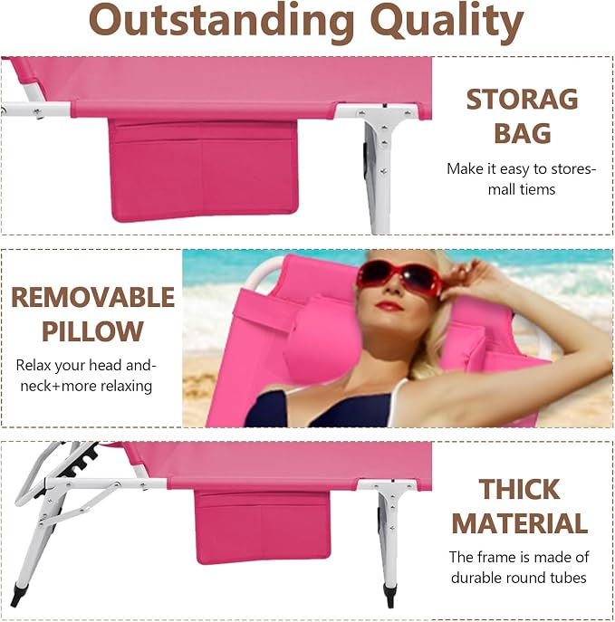 3-in-1 Heavy Duty Tanning Chair with Face Hole Adjustable 5-Position Folding Chaise Lounge Chairs Portable Lay Flat Beach Lounge Chair for Outdoor Sunbathing Patio Pool Lawn Camping Deck (Pink)