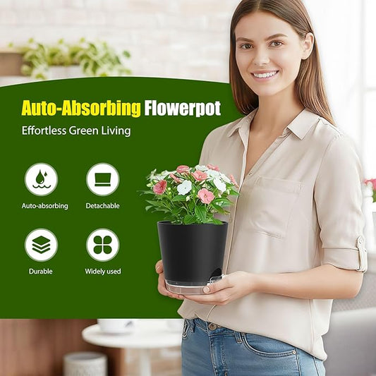Plant Pots 6 Inch Self Watering Pots,6 Pack Plastic Planters with Drainage Holes and Clear Saucers,Plastic Flower Pots,Nursery Planting Pot for Indoor Out Door Plants (Black)
