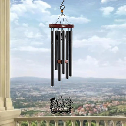 Personalized Customize Name Gnome Wind Chime, Metal Iron 37 Inch Outdoor Memorial Gift for Garden Yard Patio Home Decor, Black，Christmas (Style J)