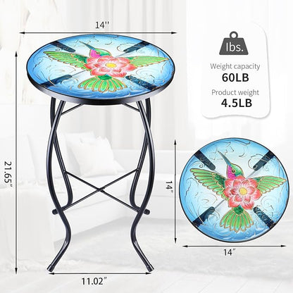 VCUTEKA Patio Side Table Outdoor Accent Table Bistro Coffee Table Plant End Table Small Porch Table Indoor Round Glass Balcony Plant Table Stands Hummingbird 14''