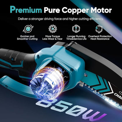Mini Chainsaw- 6 Inch Electric Mini Chain Saw Cordless Battery Powered One-Hand Tree Trimming Saw with 2 Batteries, Portable Gardening Gadgets for Men, Unique Birthday Gifts for Dad Grandpa (Blue)