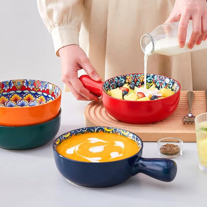vancasso Boho 23 Oz French Onion Soup Bowls with Handles, Ceramic, Set of 4 | Bohemian ceramic soup crocks with handles,Microwave & dishwasher safe,6.2 inch, 23 oz, For cereal, pasta, stew & chili