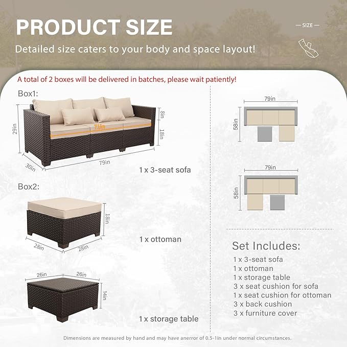 Patio Furniture Set 3 Piece Outdoor Sectional Sofa Set with Wicker Couch, Ottoman, Patio Table with Storage All-Weather Anti-Slip Cushions and Waterproof Covers, Khaki