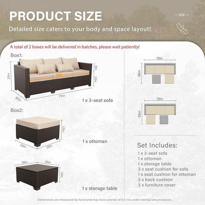 Patio Furniture Set 3 Piece Outdoor Sectional Sofa Set with Wicker Couch, Ottoman, Patio Table with Storage All-Weather Anti-Slip Cushions and Waterproof Covers, Khaki
