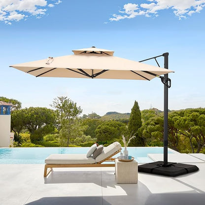 GREEN PARTY 12x9 ft Cantilever Patio Umbrella with Base Included, Rectangle Offset Outdoor Umbrellas with 360° Rotation, 5-Year-Non-Fading Hanging Pool Umbrella for Garden Deck Poolside - Beige