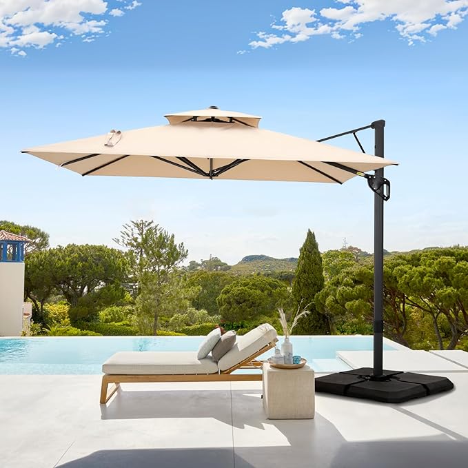 GREEN PARTY 10x10 ft Cantilever Patio Umbrella with Base Included, Outdoor Offset Umbrellas with 360° Rotation, 5-Year-Non-Fading Hanging Pool Umbrella for Garden Deck Poolside - Beige
