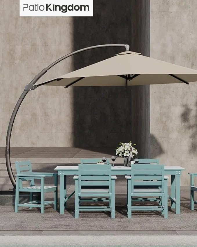 7-Piece Light Blue HDPE Patio Table and Chairs Set, Weather Resistant Outdoor HDPE Dining Table Sets with Umbrella Hole for Lawn, Garden, Deck, Poolside, Balcony