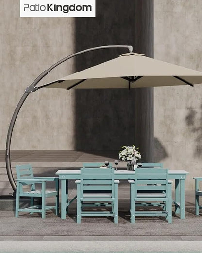 7-Piece Light Blue HDPE Patio Table and Chairs Set, Weather Resistant Outdoor HDPE Dining Table Sets with Umbrella Hole for Lawn, Garden, Deck, Poolside, Balcony