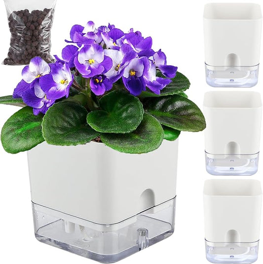 Planterhoma Self Watering Plant Pots for Indoor Plants 5.5 inch, 3 Packs Square Self-Watering Planters with Drainage Hole, White African Violet Pots for Devil's Ivy, Spider Plant, Orchid, Herb