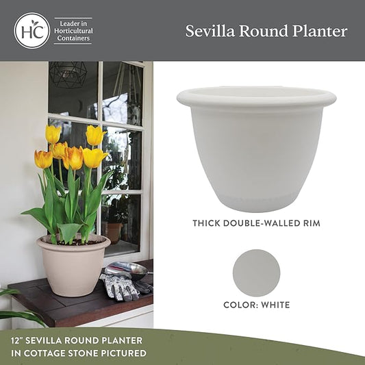 The HC Companies Sevilla Flower Planters - Outdoor & Indoor Planter - Round Self Watering Plant Pots for Herbs & More (14”, White, Pack of 2)