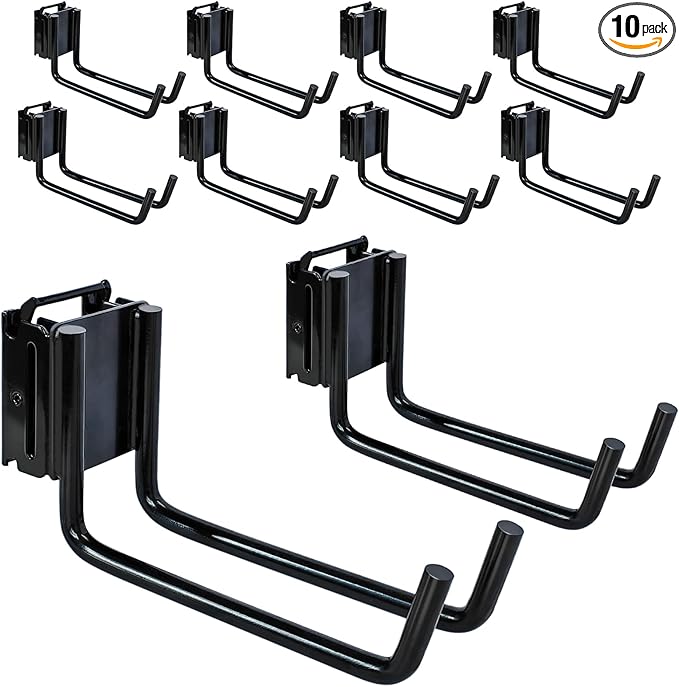 10-Pack E-Track Double Fitting J-Hooks, 2" Wide & 6" Deep Stable E Track Double J Hooks with Dual Fittings, Heavy Duty Shovel Hanger for Trailers, Trucks, Garden Tools Organizers Storage