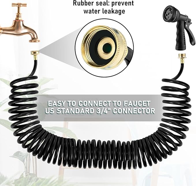 Pangda 25 Ft x 3/8'' Coil Garden Hose EVA Recoil Garden Self Coiling Expanding Water Hose with 6 Function Spray Nozzle Universal 3/4'' Brass Connector Fitting for Outdoor Yard(Black)