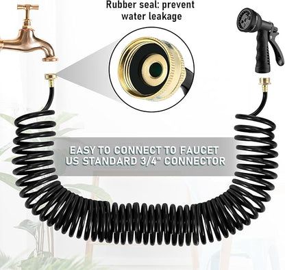 Pangda 75 Ft x 3/8'' Coil Garden Hose EVA Recoil Garden Self Coiling Expanding Water Hose with 6 Function Spray Nozzle Universal 3/4'' Brass Connector Fitting for Outdoor Yard(Black)