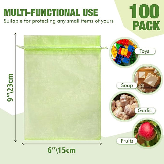 100 Pcs Drawstring Fruit Protection Bags, 6×9 Inch Green Mesh Fruit Net Covers, Anti-Bird Anti-Insect Garden Protective Bags for Fruit Tree, Tomato, Strawberry, Apple, Cherry, Grapes and Vegetables