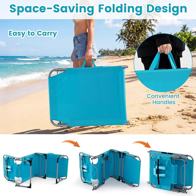 COSTWAY Tanning Chair with Face Hole, Folding Beach Lounge Chair | 4-Position Adjustable Backrest, Pillow & Side Pocket for Sunbathing, Camping (Turquoise)