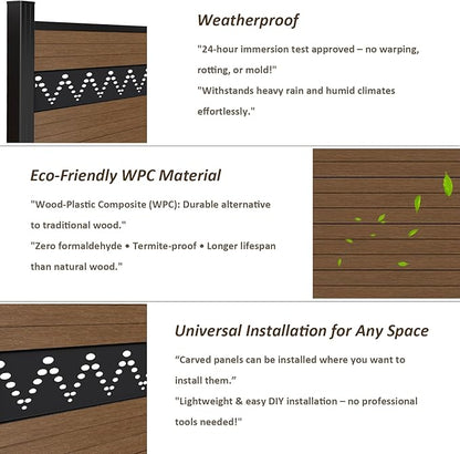 6 Feet×6 Feet Privacy Fence, Outdoor Wood Plastic Composite Fence Panel, Waterproof Security Barriers Fencing, WPC (Brown, Arched (1 Panel - 1 Post))