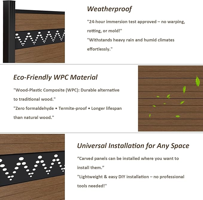 6 Feet×6 Feet Privacy Fence, Outdoor Wood Plastic Composite Fence Panel, Waterproof Security Barriers Fencing, WPC (Brown, Arched (1 Panel - 2 Post))
