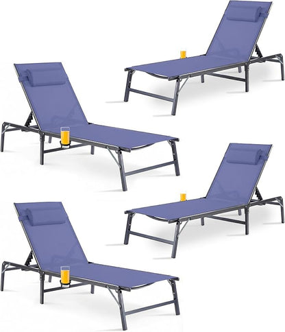 4 Pack Foldable Chaise Lounge Chair with Cup Holder, Assemble-Free Outdoor Lounge Chair with Detachable Pillow and 6 Adjustable Backrest, Patio Lounge Chair for Outside Poolside Beach Pool, Blue