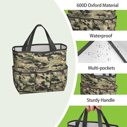 Green Camo Garden Tool Bag - Waterproof Garden Tote with 8 Pockets, Large Storage Home Organizer Gardening Tool Oxford Bag for Garden Tools Kits Holder, Ideal Outdoor Gardening Gift for Women & Men