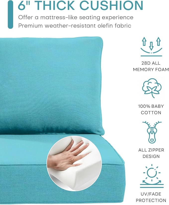 Luxury 22x24/22x25 6-Inch Outdoor Seat Cushions - Set of 2 Water Resistant Patio Chair Cushion for Porch Rattan Dining Rocker Glider Chairs Loveseat Couch Sectional Sofa - Turquoise