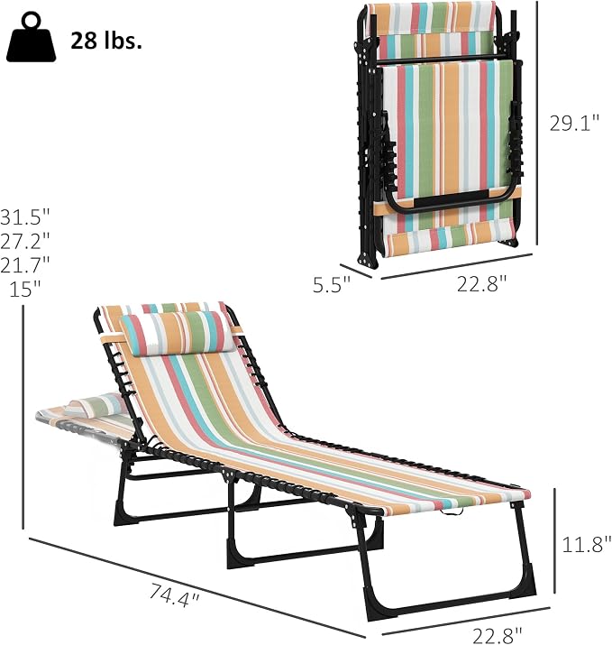Outsunny Folding Chaise Lounge Chair Outdoor Set of 2 Mesh Seat Rainbow | Foldable, Sun Tanning Chair, Chaise Lounger, 4-Position Reclining Back, for Outside Patio Beach Poolside Backyard