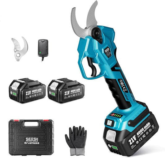 SEESII Electric Pruning Shears Cordless: Up to 1.6" Cutting Diameter Power Pruner - 2 Pcs 4.0Ah Batteries, Brushless Motor, Extra SK5 Blade, 4 Modes Adjustable Branch Cutter for Tree Flower Trimming