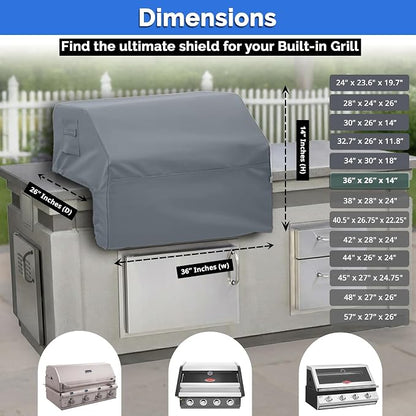 Covers & All Built-in Grill Cover for Outdoor Grill – Heavy Duty 12 oz Waterproof Built-in BBQ Grill Cover, PVC-Coated Polyester with Elastic Hem for Snug Fit (36 x 26 x 14 inches, Grey)