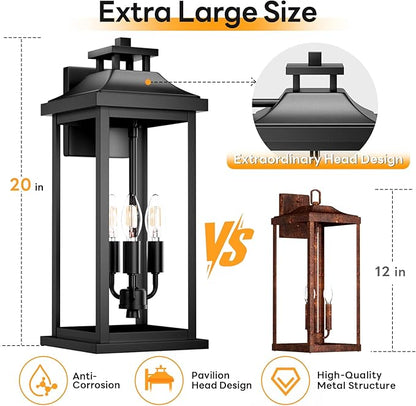 Large Outdoor Light 3-Light 20" Black Exterior Lighting Fixture, Modern Outside Wall Mounted Porch Sconce, Waterproof Patio Garage Garden Carriage Lantern Lamp for House E12, 1-Pack