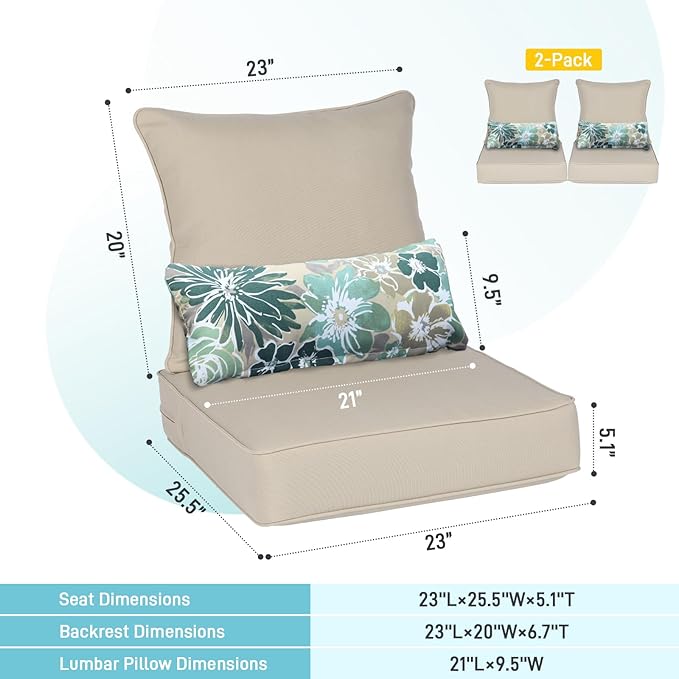 Aoodor Outdoor Chair Cushion, 23 x 26 Inch Water-Resistant, Fade-Resistant Olefin Fabric Patio Seat Cushions with Removable Cover and Adjustable Straps for Outdoor Furniture, Set of 2, Brown