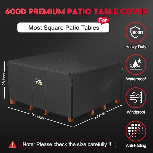 Zettum Patio Furniture Cover Square - 600D Outdoor Table Cover Waterproof & Heavy Duty, 94 Inch Large Lawn Furniture Set Covers for Outside Dining Table and Chairs Seating Combo - 94 x 94 x 28 Inch