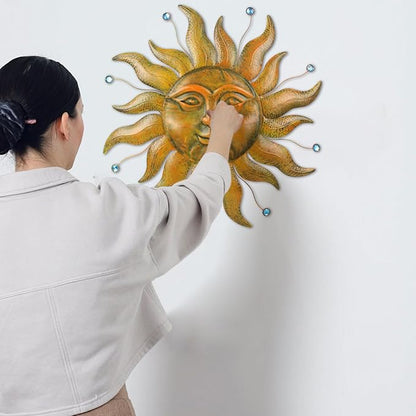 Sun Metal Wall Art, 3D Sun Face Large Wall Art for Living Room, Retro Gold Wall Hanging Decor, Brass Wall Sculptures with Blue Bead, 27 Inches Wall Decor for Garden Yard Patio Home