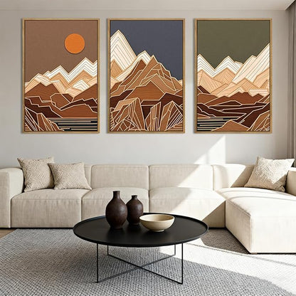 IARTTOP Large Mountain Framed Canvas Wall Art 16x24 Inch Set of 3 Abstract Mountain Woodcut Wall Decor for Living Room Bedroom Office