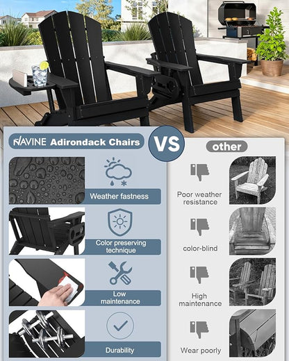 Adirondack Chair Set of 4, HDPE Folding Adirondack Chair with Multifunctional Cup Holder, Weather Resistant Fire Pit Chair for porches, patios, poolsides, Decks.