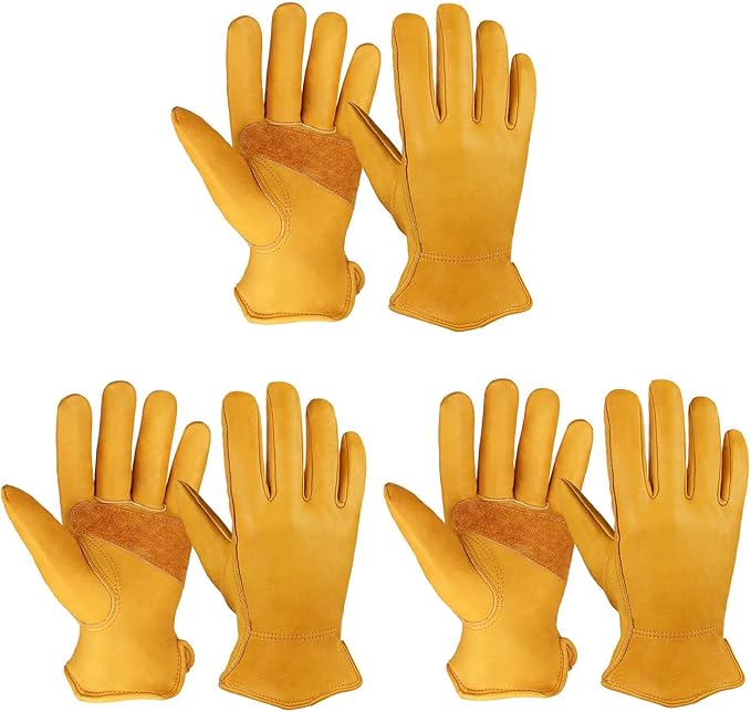 OZERO Leather Work Gloves for Men, Cowhide Gardening Gloves with Reinforced Palm, Flexible Keystone Thumb, Elastic Wrist