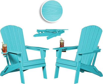 Plawdlik Folding Adirondack Chair, SGS Tested, Wooden Textured with Cup Holder, Heavy All-Weather HDPE Comfortable Set Poolside Backyard Lawn Aruba Blue Set 2