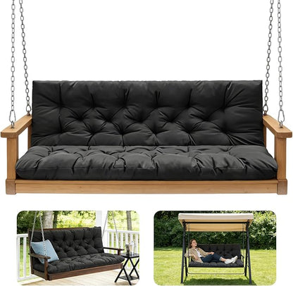Porch Swing Cushions,Outdoor Cushions 3 Seater Replacement with Backrest, Waterproof Thickened Bench Cushion with Ties for Porch, Patio,Outdoor, Backyard and Garden (Black 60 * 40 in)
