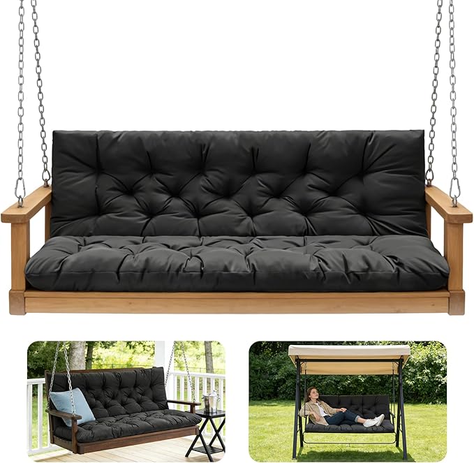 Porch Swing Cushions,Outdoor Cushions 3 Seater Replacement with Backrest, Waterproof Thickened Bench Cushion with Ties for Porch, Patio,Outdoor, Backyard and Garden (Black 40 * 40 in)