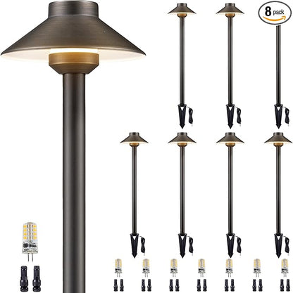 Gardenreet Brass Low Voltage Path Lights - 12V Landscaping Pathway Light IP65 Waterproof, Wired Walkway Lighting Outdoor, LED Bronze for Lawn Area Backyard with 3W 2700K Warm White G4 Bulb (8 Pack)
