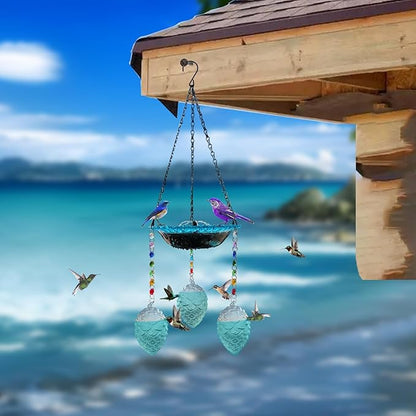 Hummingbird Feeder and Bird Bath for Outdoors 2-in-1 for Small Birds - Hummingbird Bath Fountain with 3 Blue Feeder Pots - Hanging Solar Bird Bath Fountains
