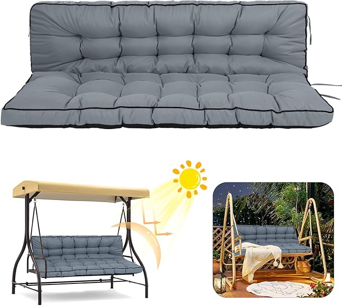 2/3 Seater Swing Replacement Cushion, Waterproof Porch Swing Cushions with Backrest, Thickened Bench Cushions for Outdoor Furniture, for Outdoor Patio Swing (Light Grey, 63 * 40in)