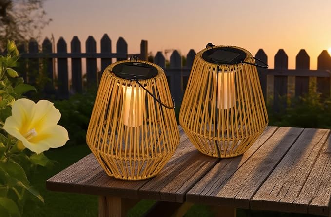 YAKii 2 Pack Solar Flame Lantern Hanging Waterproof Outdoor Handmade Solar Lamp with Dancing Flickering Flame Plastic Rattan Bohemian Style Decoration for Garden Yard Patio Porch Trees Pathway Decor