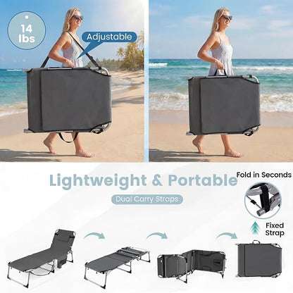 Giantex Tanning Chair, 330Lbs Patio Lounge Chair with 5 Adjustable Position, Face & Arm Hole, Hand/Shoulder Strap, Removable Pillow, Side Pocket, Chaise Lounger for Beach Sunbathing Outdoor, Grey
