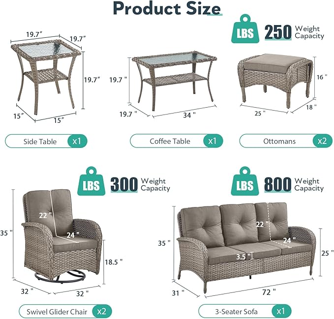 7 Piece Patio Furniture Set - Wicker Patio Conversation Set with Swivel Glider, 3 Seat Sofa, 2 Ottomans, Glass Side Table and Coffee Table for Deck Backyard - Grey Wicker Grey Cushion