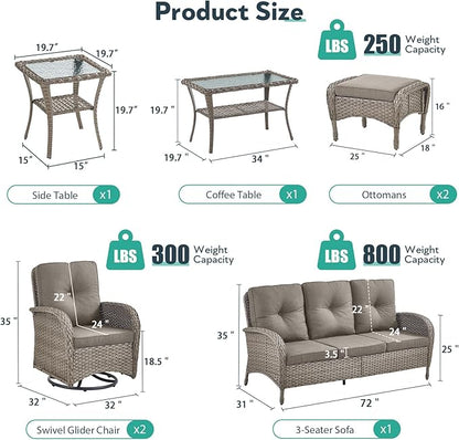7 Piece Patio Furniture Set - Wicker Patio Conversation Set with Swivel Glider, 3 Seat Sofa, 2 Ottomans, Glass Side Table and Coffee Table for Deck Backyard - Grey Wicker Grey Cushion