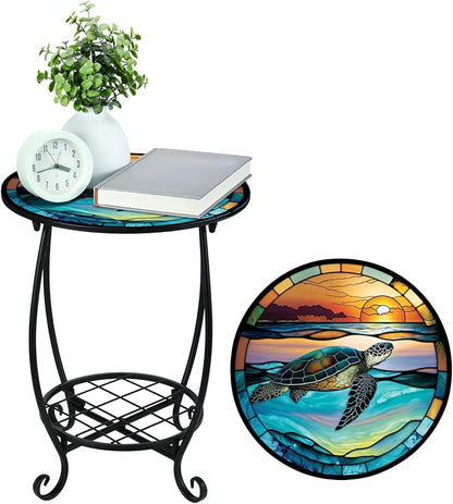 Cinnvoice Outdoor Side Table Round Small Mosaic Patio Accent Indoor End Plant Coffee Tea Table for Yard Patio Porch Garden Living Room, Bedroom(Turtle Style,16 Inch)